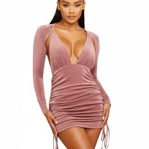Luxxel Women’s Pink Long Sleeve Plunge Deep V Open Back Dress Medium